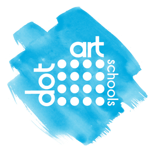 logo - light blue paint marks with white text 'dort art schools' around 16 small circles arranged in a rectangle